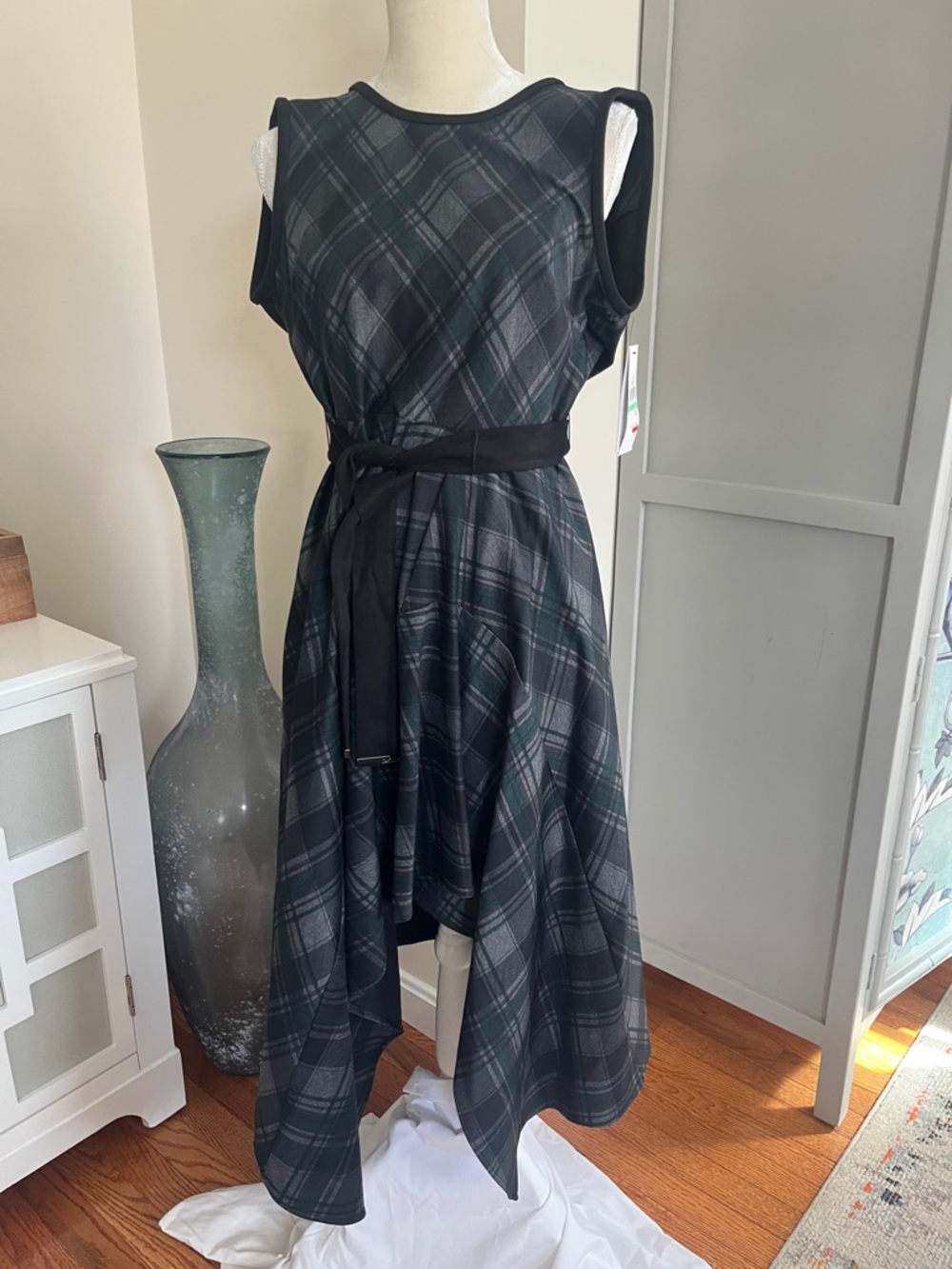 DKNY Black and Dark Green Plaid Asymmetrical Belted Dress. Taylor Swift Inspired